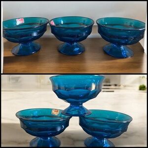 3 Viking Glass Bluenique Georgian Thumbprint Footed Blue Glass Dessert MCM Bowls